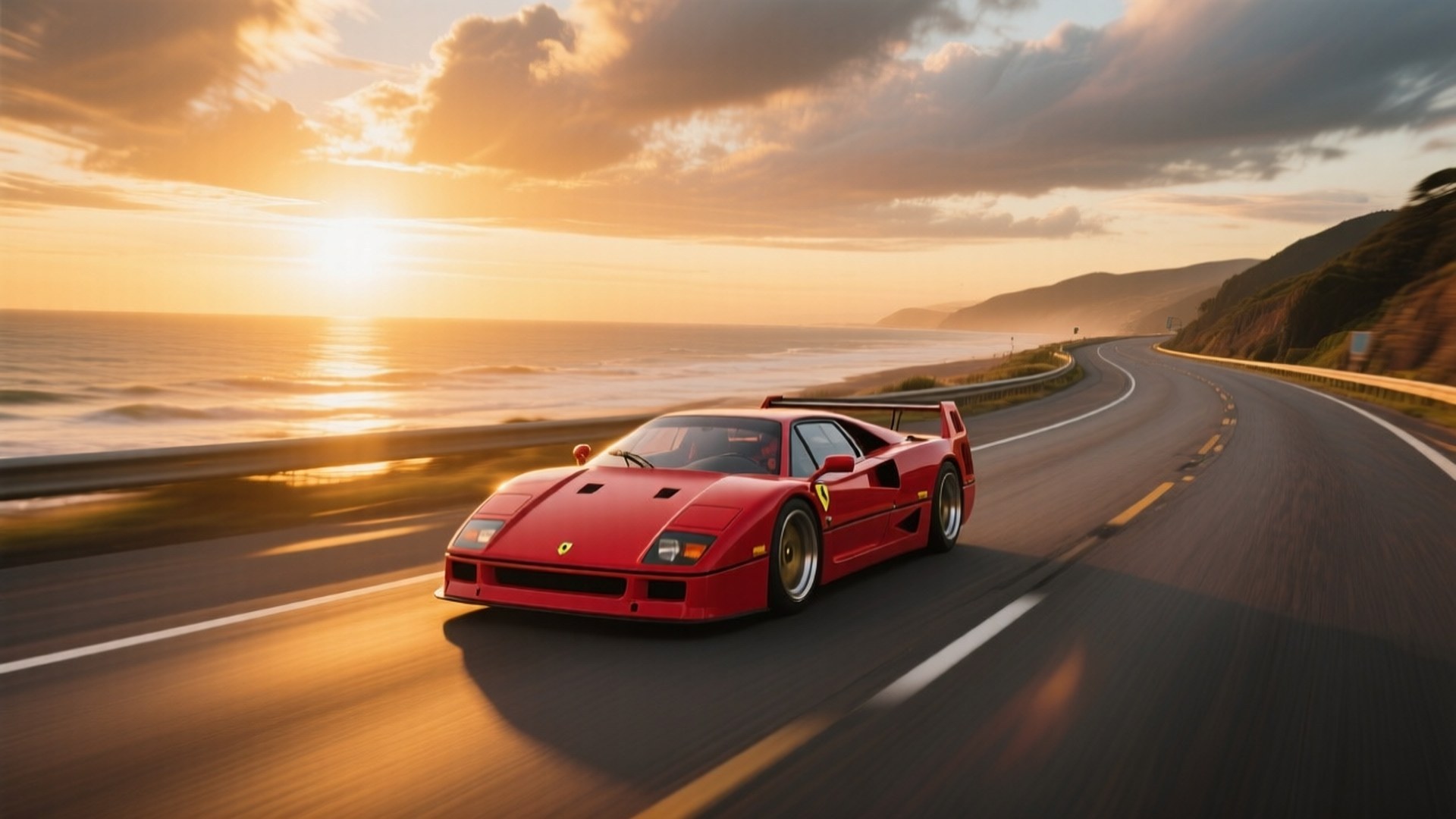 Κόκκινη Ferrari F40 να τρέχει με ταχύτητα σε παράκτιο αυτοκινητόδρομο στο ηλιοβασίλεμα — Cool cars GIF Ταπετσαρία