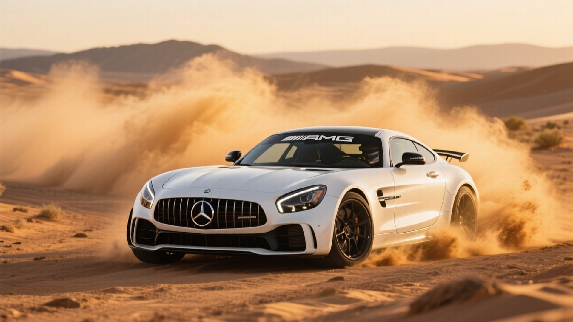 Λευκή Mercedes-AMG GT R που κάνει drift στην έρημο τη χρυσή ώρα — Cool cars GIF Ταπετσαρία