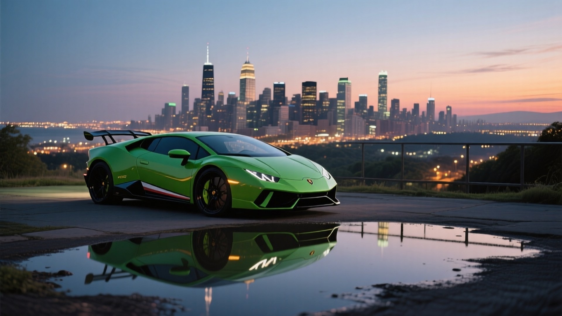 Πράσινη Lamborghini Huracán με θέα στην πόλη το σούρουπο — Cool cars GIF Ταπετσαρία