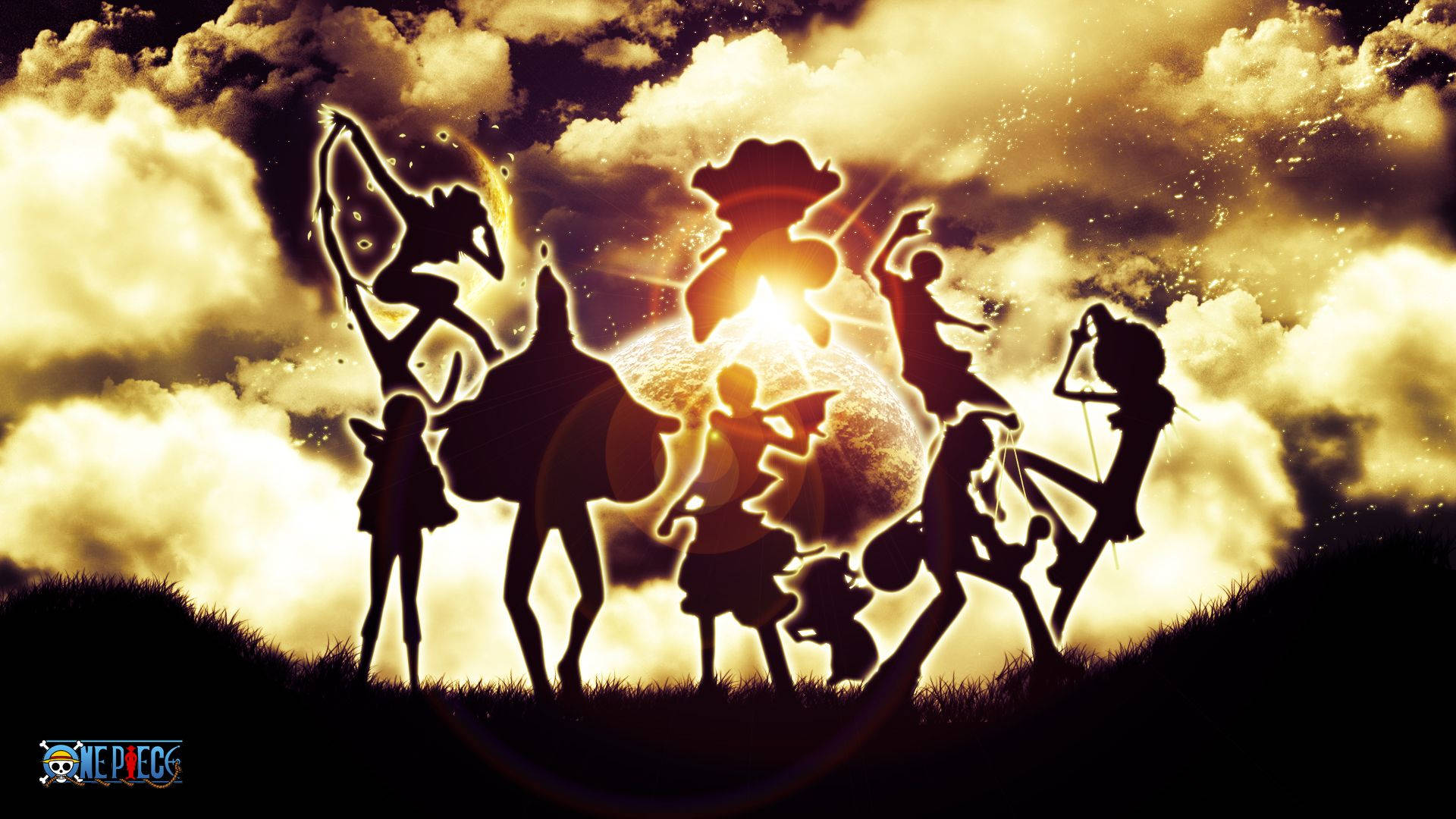 Silhouette of the One Piece Straw Hat pirate crew amid bright light wallpaper. — One Piece Ταπετσαρία