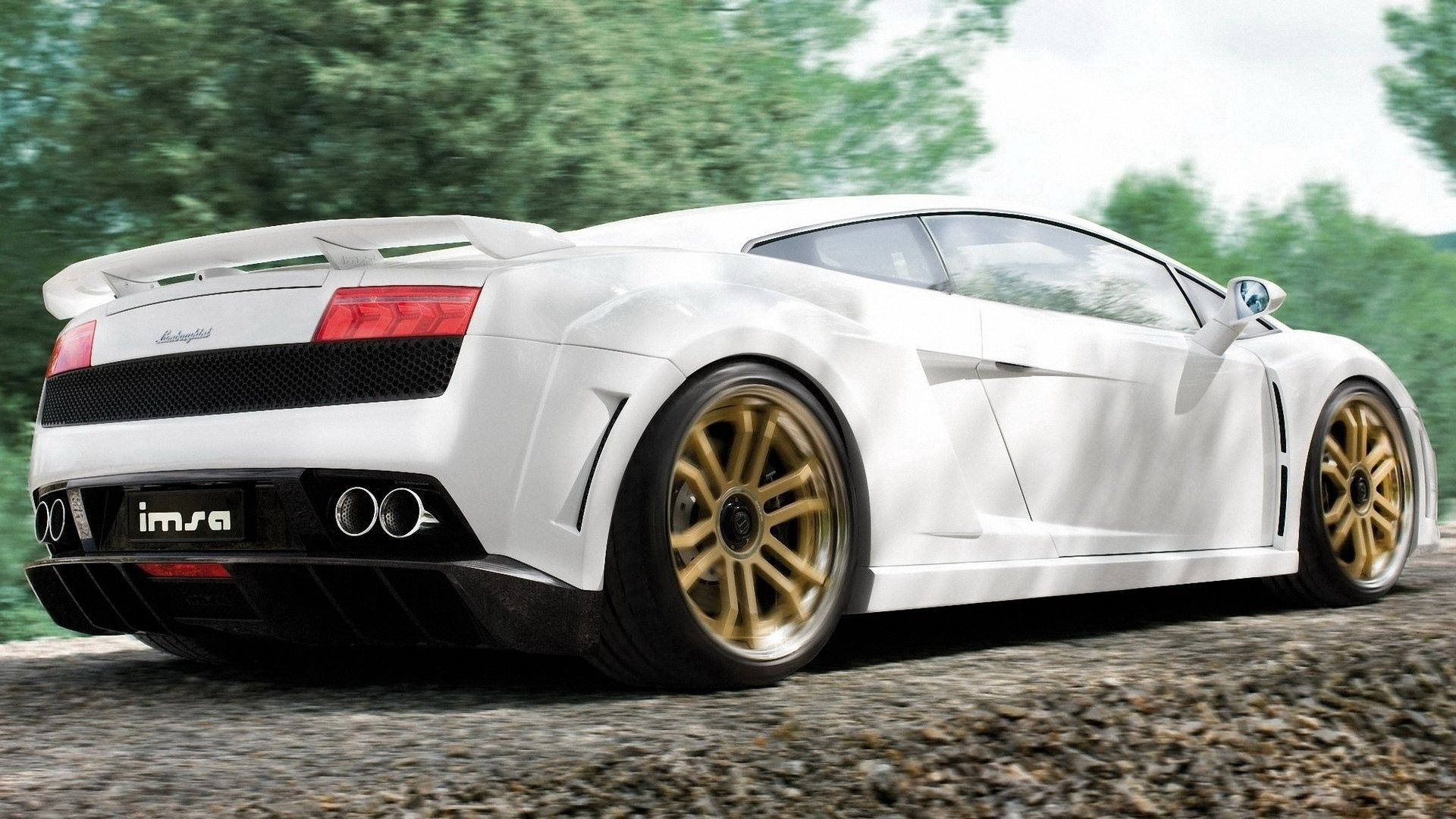 Λευκή Lamborghini στο δρόμο με δέντρα ταπετσαρία. — Lamborghini Ταπετσαρία