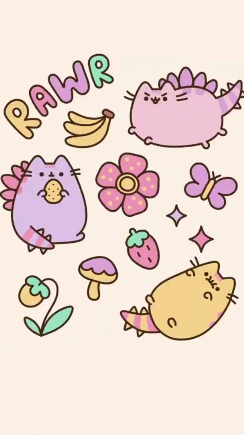 Πολύχρωμο Pusheen Dino Kawaii iPhone Ταπετσαρία