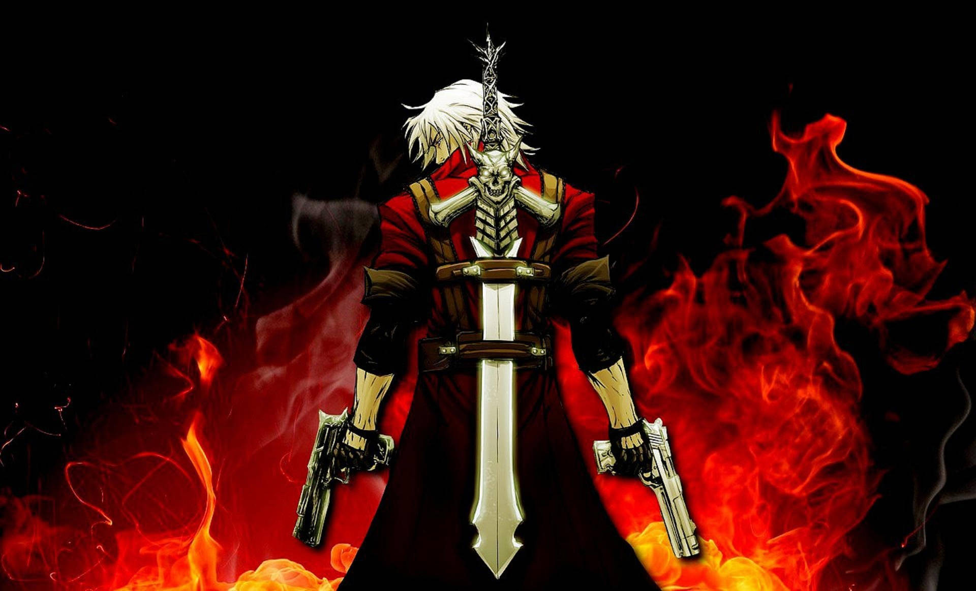 Ταπετσαρία Demon Slayer ενός άνδρα που κρατά όπλα και ένα σπαθί στην πλάτη του. — Demon Slayer Ταπετσαρία