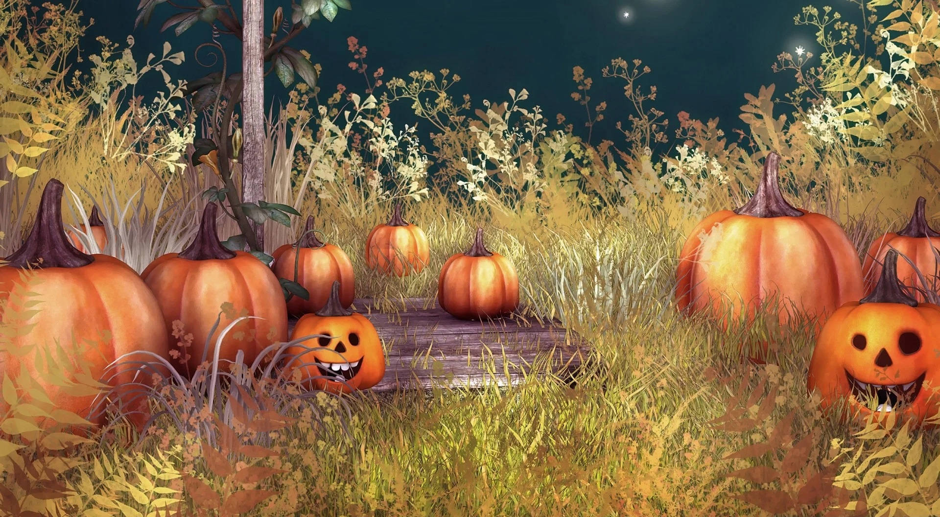 Ρετρό κολοκύθες Halloween σε λιβάδι Ταπετσαρία