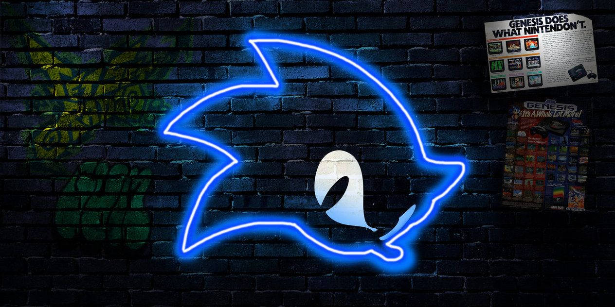 Μπλε ταπετσαρία με εικονίδιο νέον Sonic σε τοίχο με βανδαλισμούς. — Sonic Ταπετσαρία