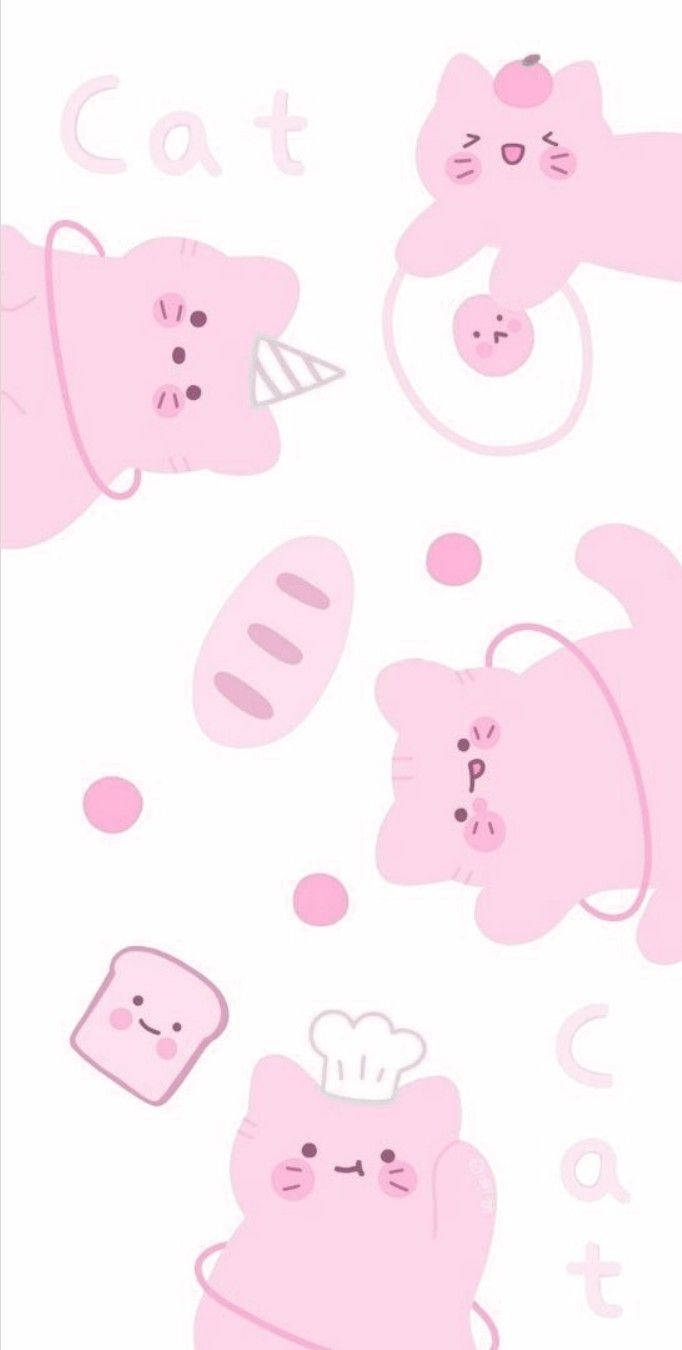 Ροζ Kawaii Χαρούμενη Γάτα Ταπετσαρία