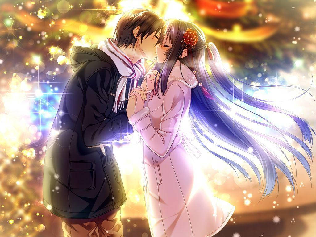 Ρομαντικό φιλί anime ενώ κρατιούνται χέρι χέρι Ταπετσαρία