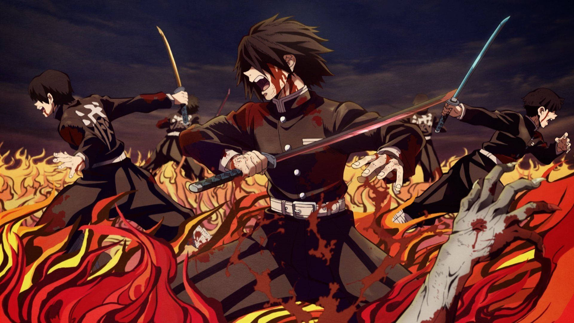Ταπετσαρία Demon Slayer με δαιμονοκτόνους να πολεμούν δαίμονες περιτριγυρισμένους από φλεγόμενη φωτιά. — Demon Slayer Ταπετσαρία