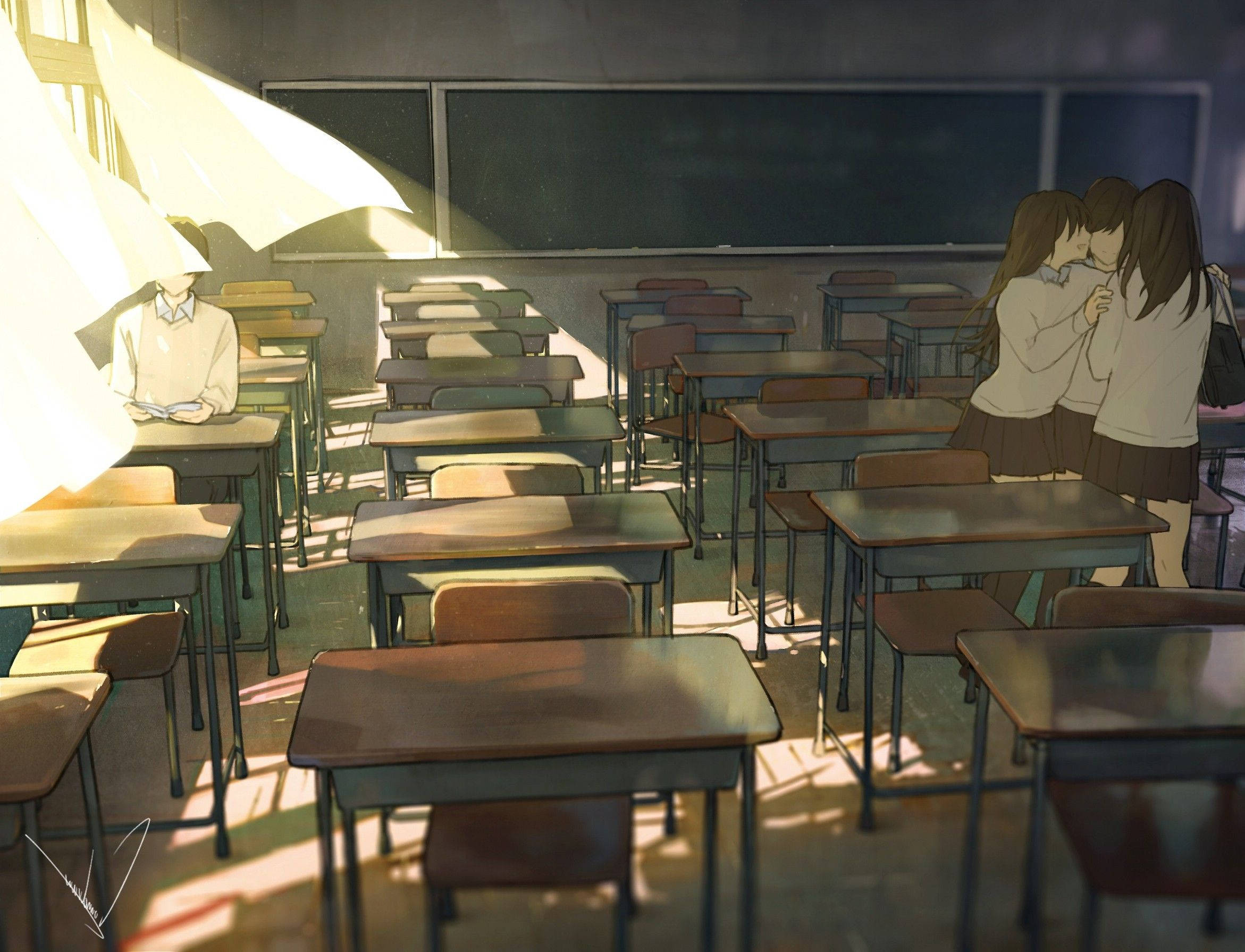 Σκηνή Σχολείου Anime Μαθητές σε Σκοτεινή Τάξη Ταπετσαρία
