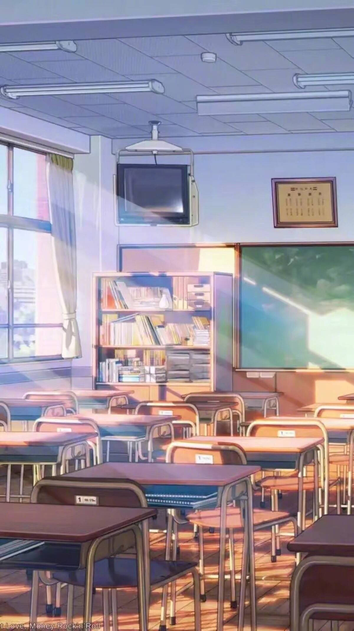 Σκηνικό σχολείου anime με τάξη και τηλεόραση Ταπετσαρία