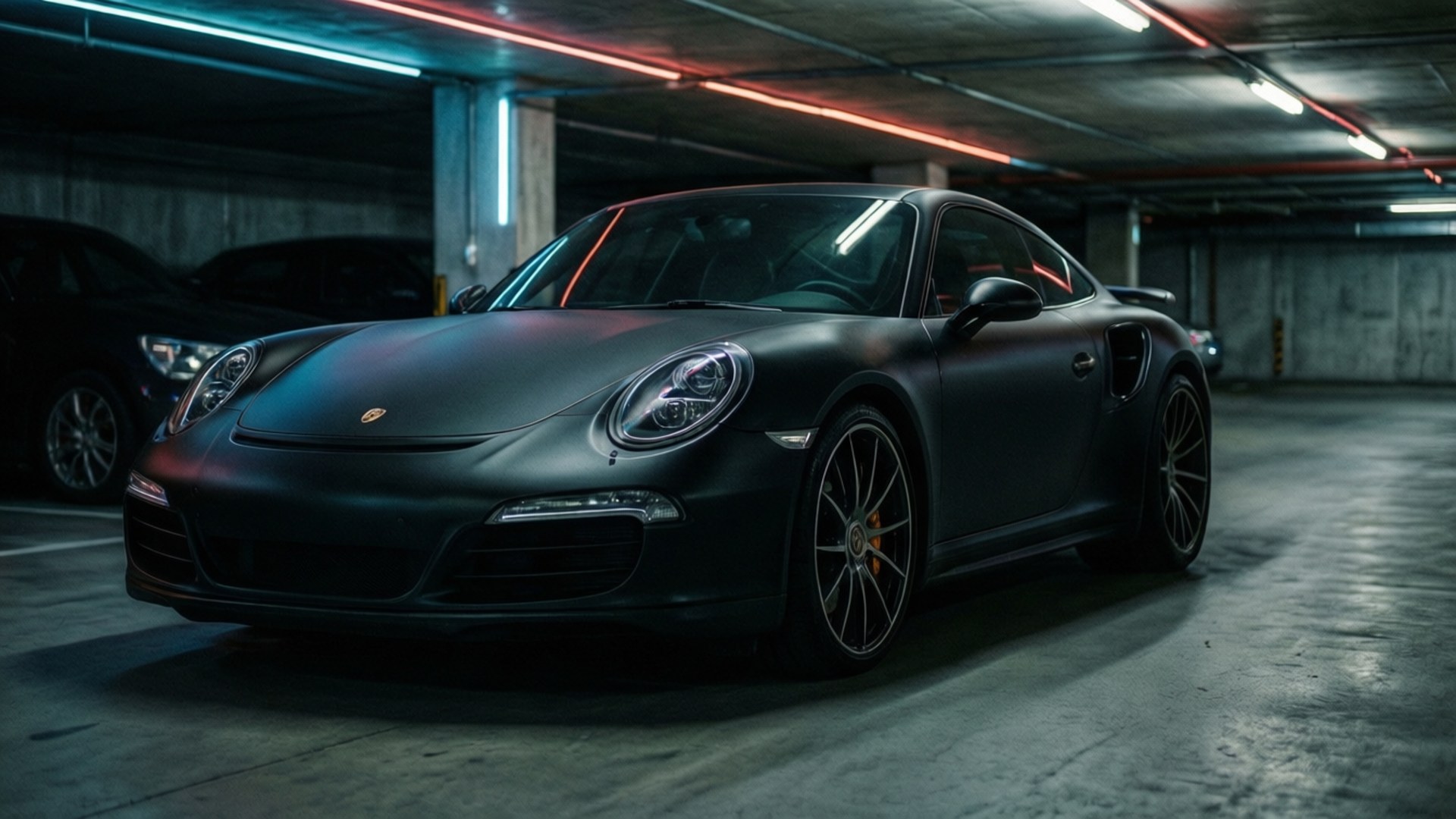 Μια μαύρη ματ Porsche 911 Turbo S ξεχωρίζει σε ένα σκοτεινό υπόγειο γκαράζ με αντανακλάσεις νέον. — Cool cars GIF Ταπετσαρία