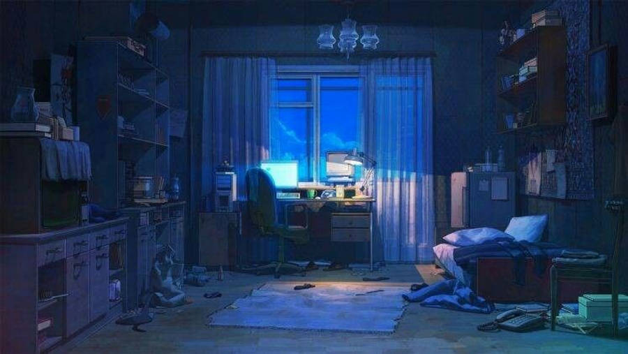 Σκοτεινό δωμάτιο anime με ανοιχτό φορητό υπολογιστή Ταπετσαρία