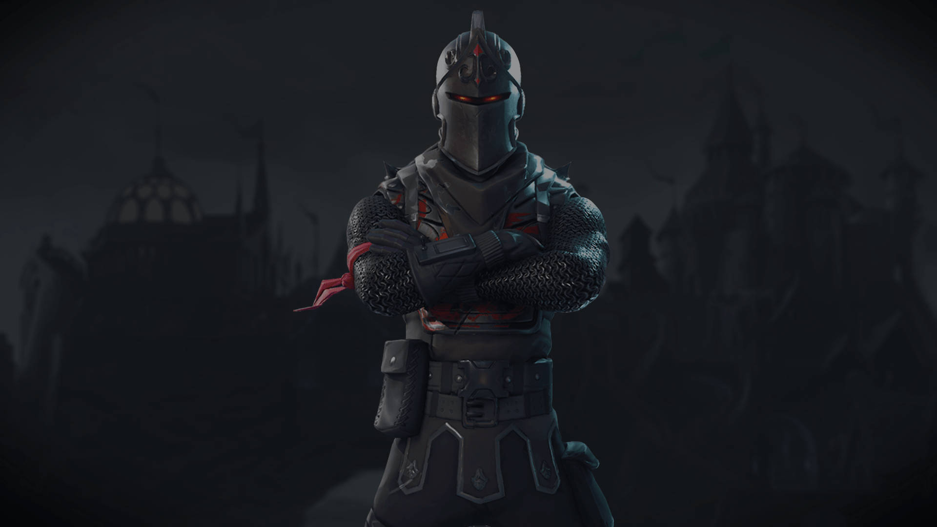 Ένα skin που ονομάζεται Μαύρος Ιππότης στο Fortnite σε σκούρο φόντο κάστρου σιλουέτα ταπετσαρία HD. — Fortnite Ταπετσαρία