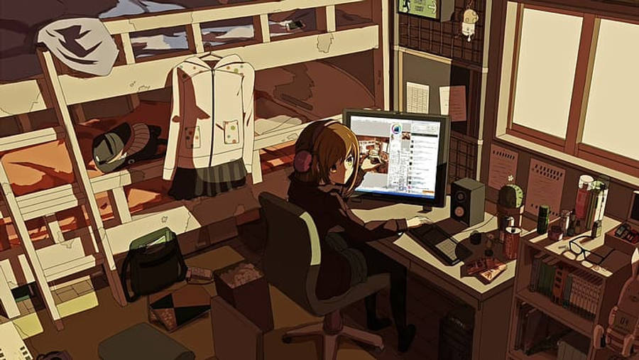 Σταθμός εργασίας με φορητό υπολογιστή anime κοριτσιού φωτισμένος από σκιές Ταπετσαρία