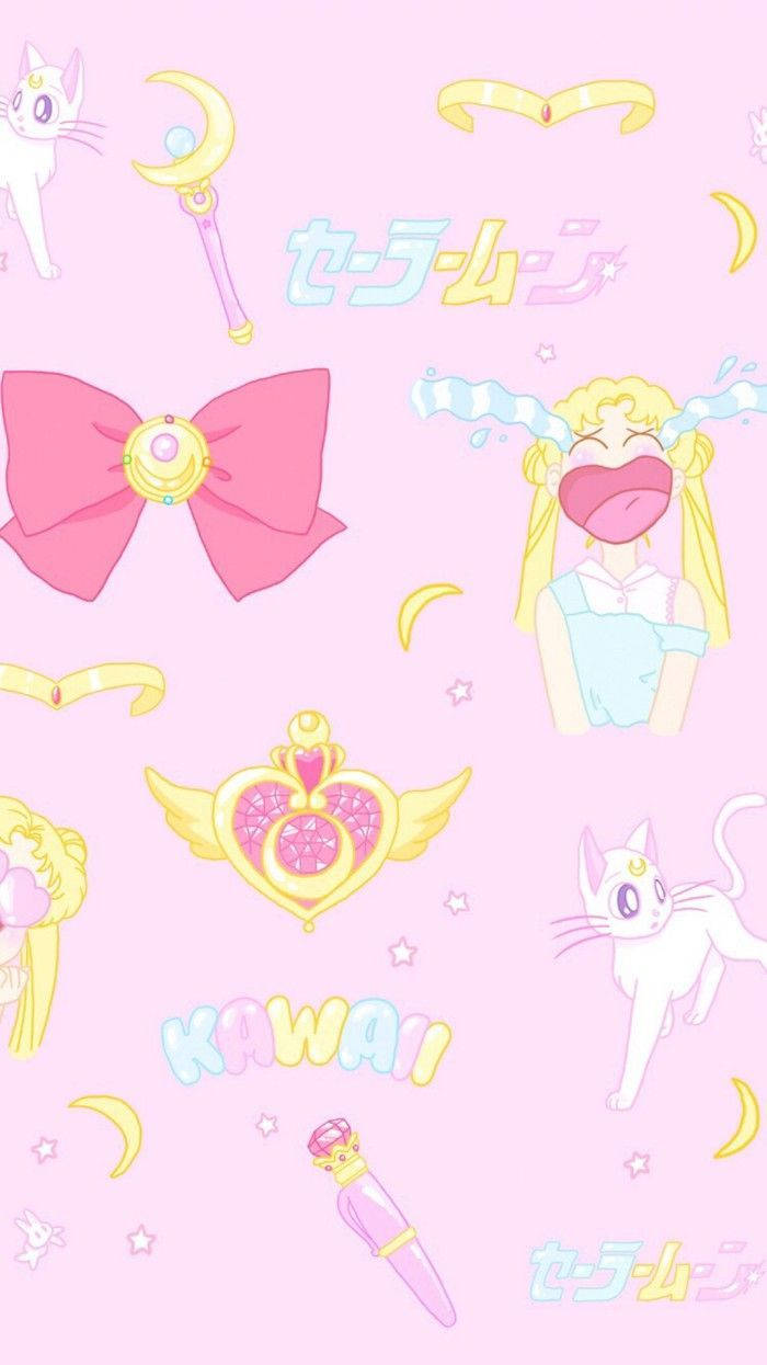 Στοιχεία Sailor Moon σε Kawaii Ροζ Φόντο Ταπετσαρία