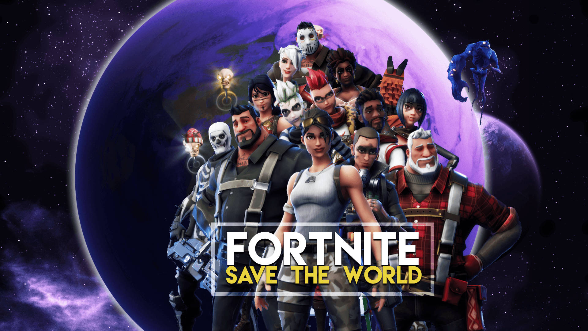 Συλλογή Fortnite με πολλούς χαρακτήρες από τη λειτουργία Save The World με ταπετσαρία πλανήτη. — Fortnite Ταπετσαρία