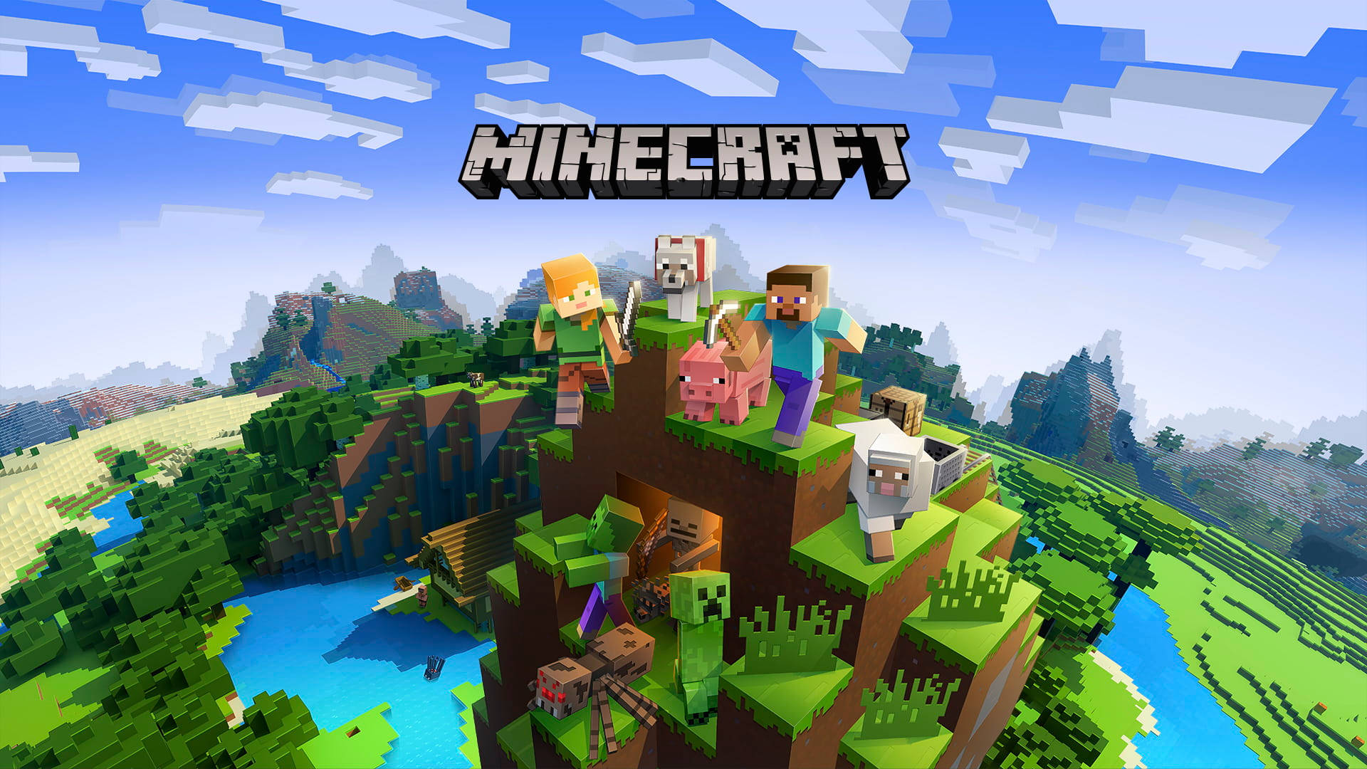 Χαρακτήρες Minecraft σε Τοπίο Πάνω από Πόλη — Minecraft Ταπετσαρία
