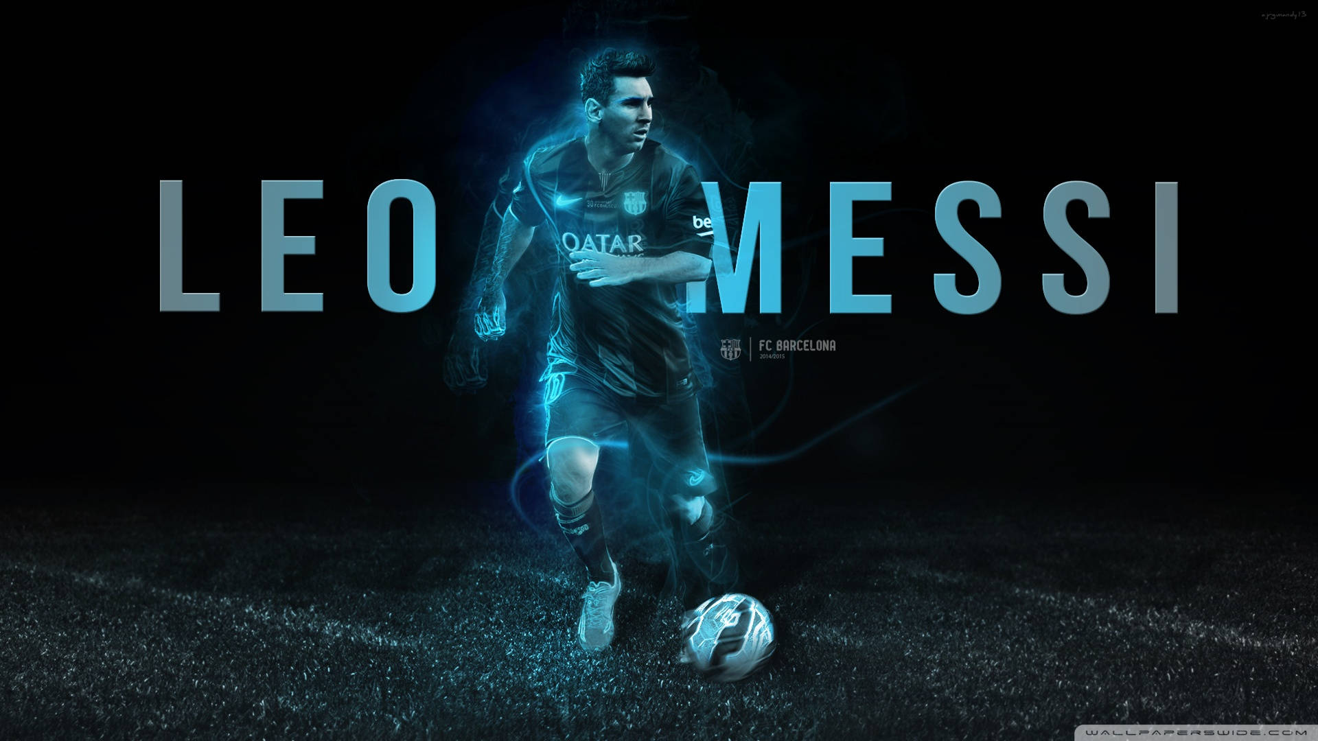 Ταπετσαρία με τον Leo Messi σε μπλε φως νέον με μπλε κείμενο ονόματος — Messi Ταπετσαρία