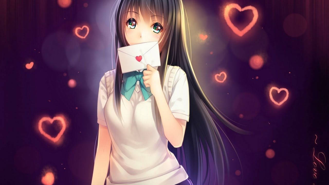 Ταπετσαρία με κοπέλα anime με μακριά μαύρα μαλλιά που δαγκώνει ερωτικό γράμμα — Anime Girl Ταπετσαρία