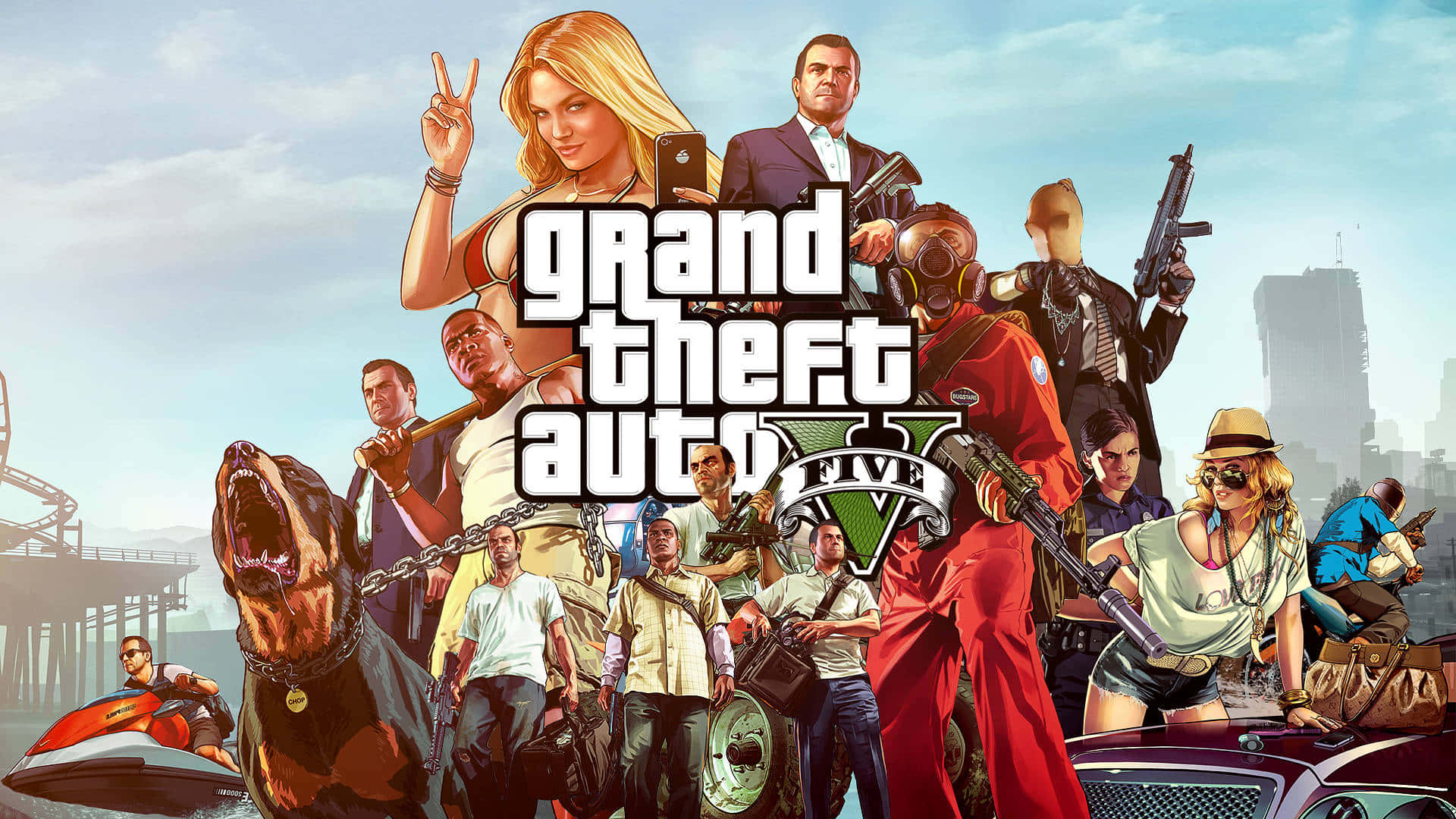 Φόντο GTA με τους χαρακτήρες της οθόνης φόρτωσης του Grand Theft Auto Five Ταπετσαρία