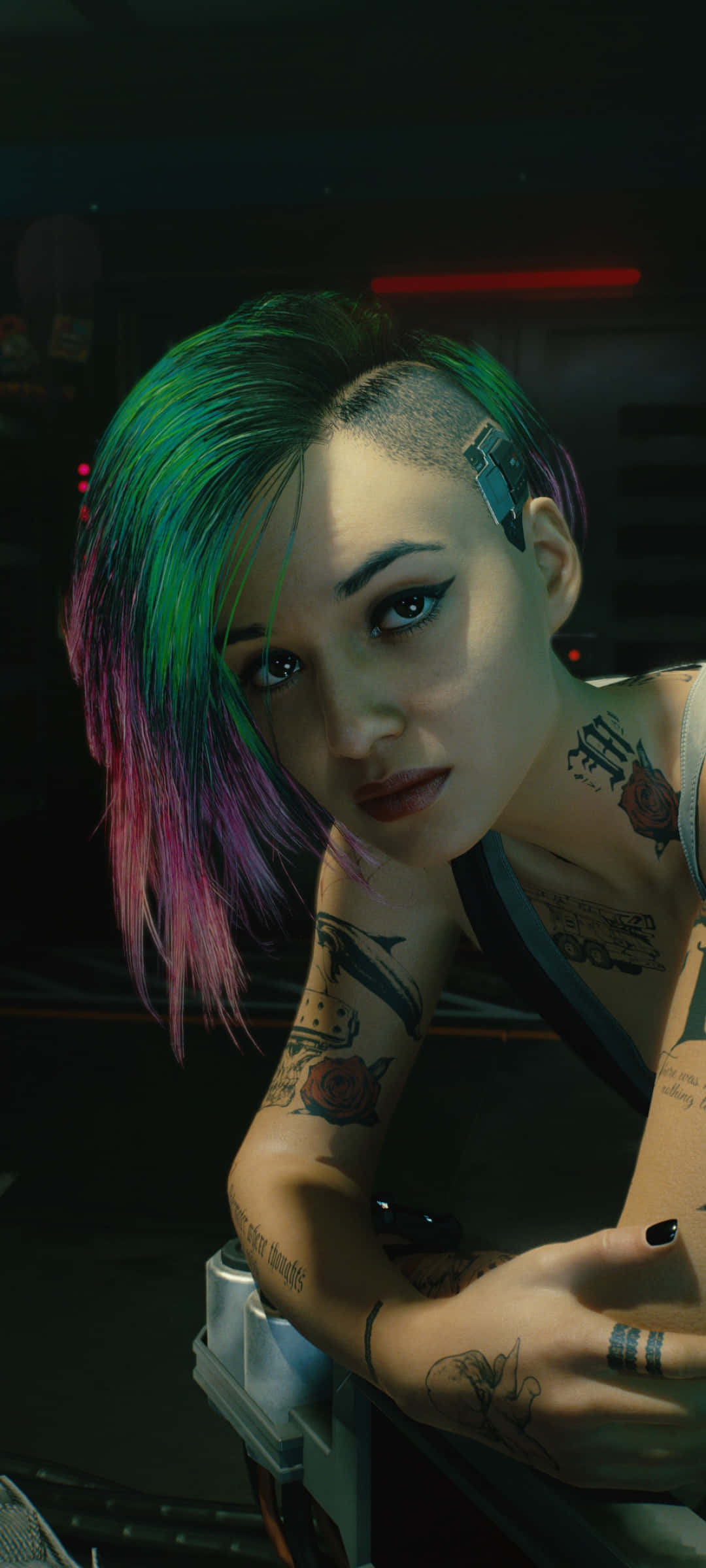 Φόντο iPhone X Cyberpunk 2077 Judy Alvarez με Πράσινα και Μωβ Μαλλιά Ταπετσαρία