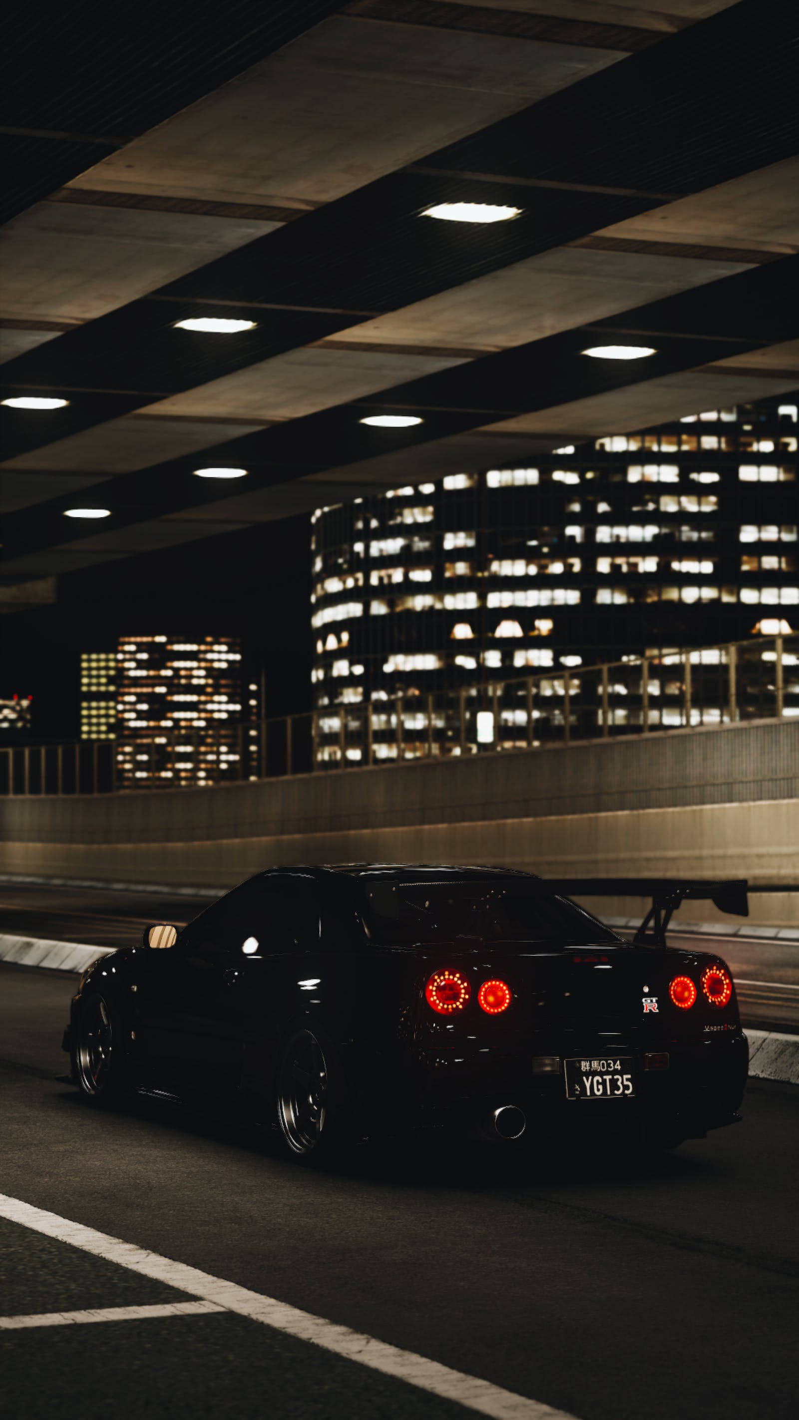 Φώτα και ένα Μαύρο Nissan GT R 4K Ταπετσαρία