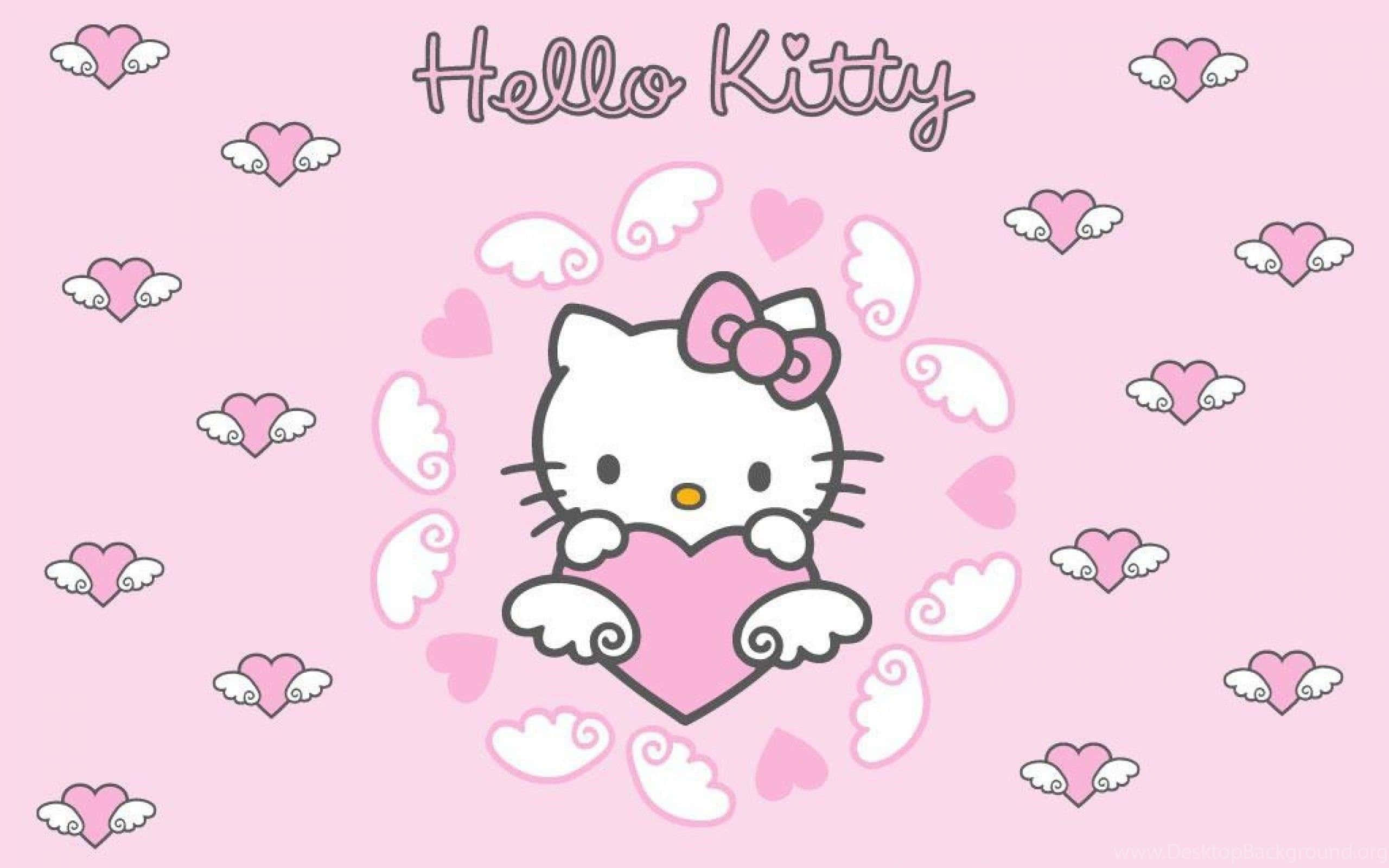 Χαριτωμένη Ροζ Hello Kitty με Φτερωτή Καρδιά Ταπετσαρία