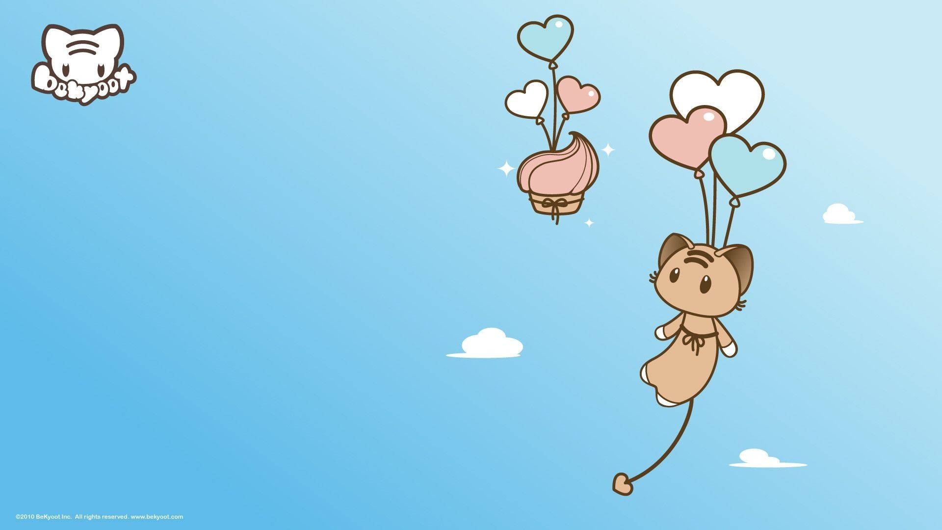 Χαριτωμένη kawaii γάτα να πετάει με μπαλόνια ταπετσαρία. — Kawaii Ταπετσαρία
