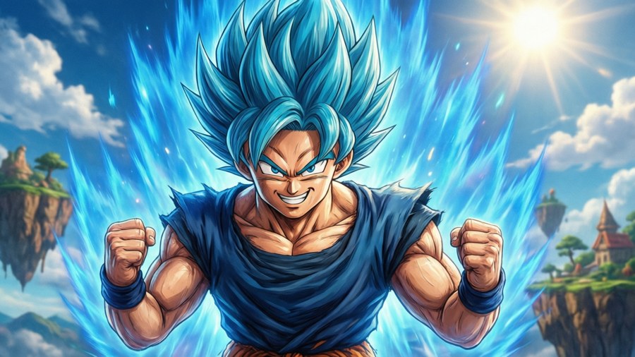 Ο Goku χαμογελά ενώ αυξάνει τη δύναμή του σε Super Saiyan Blue.