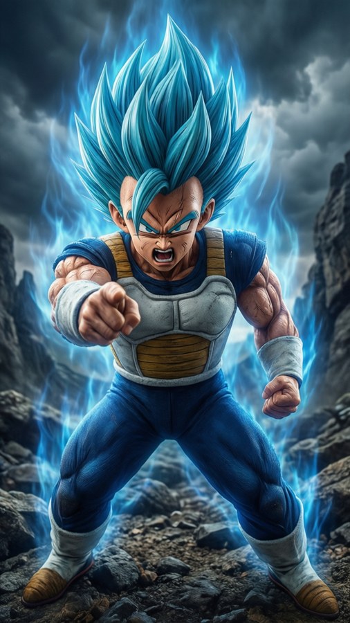 Ο Βέγιτα σε μορφή Super Saiyan Blue, δείχνοντας με θυμό.