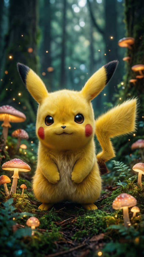 Pikachu σε ένα μαγεμένο δάσος με λαμπερά μανιτάρια