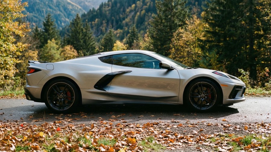 Chevrolet Corvette C8 σε ορεινό δρόμο με φθινοπωρινό τοπίο.