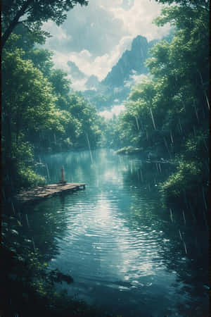 anime,λίμνη,βροχή,δάσος,πράσινο,ομίχλη,βουνά,αποβάθρα,ειρηνικός,μελαγχολικός,φύση,τοπίο,4K — iPhone 4 Ταπετσαρία