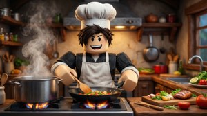 Μαγειρέψτε με πάθος με ένα avatar σεφ Roblox σε μια πολυάσχολη κουζίνα.