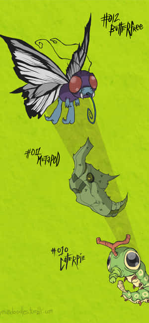Caterpie, Metapod και Butterfree Πράσινη Αισθητική Ταπετσαρία Κινητού — Huawei nova 15 Ultra Ταπετσαρία