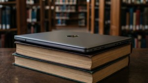 Ένα Chromebook ακουμπισμένο σε βιβλία σε μια βιβλιοθήκη, ιδανικό για θέματα μελέτης.