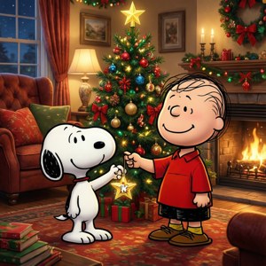 Ο Snoopy και ο Τσάρλι Μπράουν στολίζουν μαζί ένα χριστουγεννιάτικο δέντρο σε ένα ζεστό δωμάτιο. — Motorola Razr 2026 Ταπετσαρία