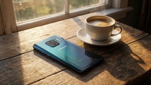 Ζεστή ταπετσαρία lifestyle που δείχνει ένα Galaxy S10 σε ξύλινο τραπέζι με καφέ.