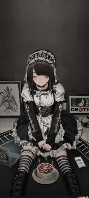 Goth Anime Υπηρέτρια Μπροστά από Πεντάγραμμο Κέικ — Vivo V70 Lite 4G Ταπετσαρία