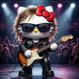 Η Hello Kitty κάνει ροκ στη σκηνή με την κιθάρα της.