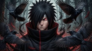 Ο Itachi σε μαύρο anime στυλ με κοράκια και sharingan. — Μαύρο anime Ταπετσαρία