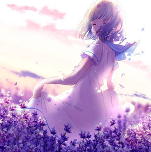 Kawaii Anime Κορίτσι σε Λιβάδι με Λουλούδια