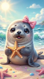 Χαριτωμένη kawaii φώκια με φιόγκο στην παραλία. — Kawaii Ταπετσαρία