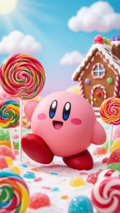 Ο Kirby στέκεται σε μια χώρα ζαχαρωτών με γλειφιτζούρες και μελόπιτες, λαμπερή και γλυκιά. — GIF Kirby Ταπετσαρία