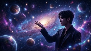 Μια κοσμική αισθητική Kpop με μια σιλουέτα να απλώνει το χέρι προς τα αστέρια. — Kpop GIF Ταπετσαρία