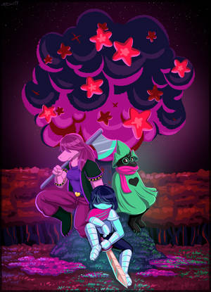 Χαρακτήρες Deltarune κάτω από ένα σύννεφο με κόκκινα αστέρια ταπετσαρία — OnePlus Pad Ταπετσαρία