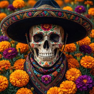 Chicano κρανίο με σομπρέρο και μαντήλι mariachi, λουλούδια κατιφέ. — Infinix Zero Ταπετσαρία