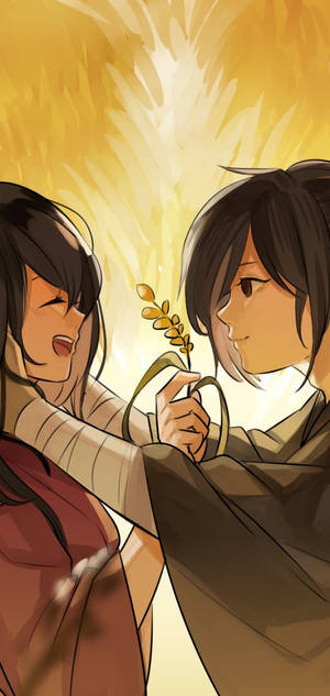 Χαρούμενο wallpaper Mio και Hyakkimaru από το Dororo — iPhone 17e Ταπετσαρία