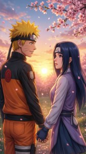 Ρομαντική ταπετσαρία των Naruto και Hinata κάτω από ανθισμένες κερασιές.