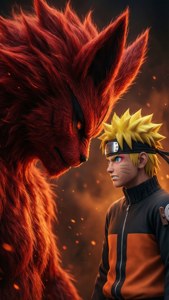 Ο Naruto στέκεται μπροστά στην Αλεπού με τις Εννέα Ουρές.